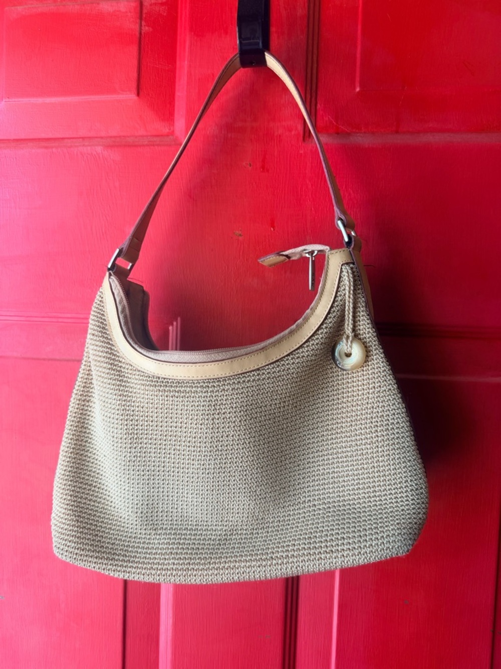 The Sak Beige Woven Shoulder Bag with Leather Trim